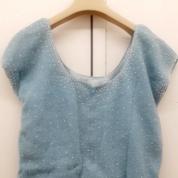Vintage 1950's/60's BLUE WOOL KNIT Pearl Beaded Sweater Blouse Top - Picture 4 of 10